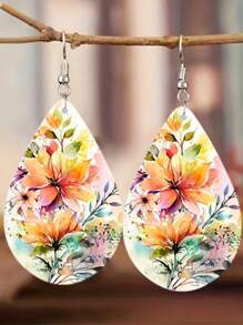 1Pair Bohemian Flower Wooden Small Water Drop Earrings, Watercolor Flower Pattern Earrings Pendant, Girls Jewelry Gift