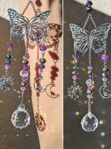 1pc Purple Amethyst Butterfly Car Hanging Decor, Outdoor Garden Pendant Decoration, Purple Crystal Butterfly Sunglass Car Rearview Mirror Ornament