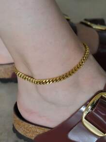 Nooxian 1pc 6mm Gold-Color Stainless Steel Cuban Link Anklet For Women, Beach Jewelry - Yellow Gold - View 3
