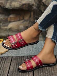 Nuevas sandalias de deslizamiento con diseño de murciélago y araña con remaches, estilo gótico y de talla grande, sandalias planas casuales de fiesta punk Y2K para mujer - Rojo - Ver 3