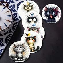 6pcs Cute Cat Designed Wooden Coasters, Heat Resistant Coasters Suitable For Home And Cafe, Holiday Gift - Multicolor - View 4