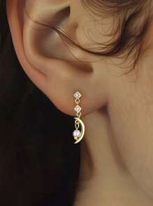 1 pieza de pendientes de tuerca con cadena de perlas, luna, estrella y borla de plata esterlina 925 de lujo, elegante y bonita para uso diario de mujeres como regalo de joyería para Ramadán