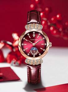 FANSICHEN FANSICHEN New Luxury Crown Rhinestone Rose Gold Women Watch, Elegant Floral Glass Red Dial Waterproof Quartz Wrist Watch, Suitable For Daily Wear, Great Gift For Girlfriend