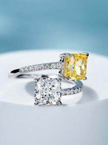 1 件方形双色锆石戒指，时尚迷人女士可调节指环，个性化奢华珠宝 - 黃色 - 查看 2