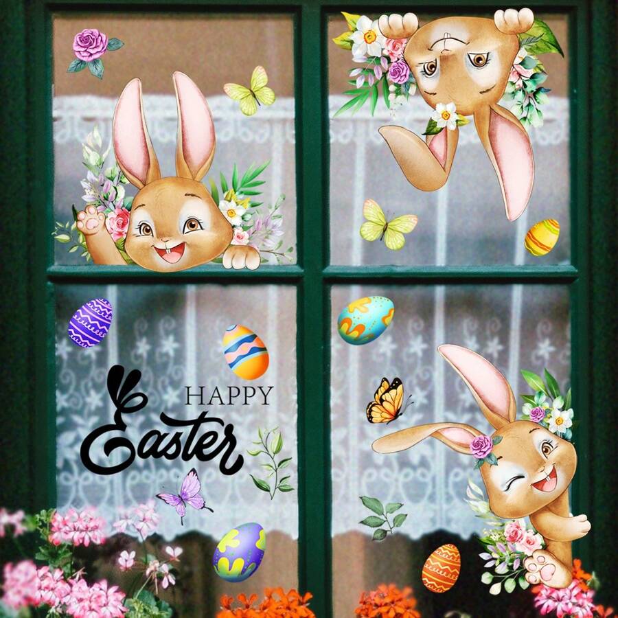 Easter Rabbit & Egg Pattern Self-Adhesive Wall Stickers, Suitable For Windows, Glass, Living Room, Bedroom - Multicolor - View 1