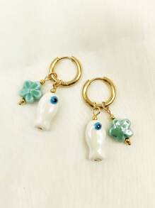 1 对可爱手绘陶瓷鱼和花装饰不锈钢环状耳环，女士日常、度假、约会礼物 - 小魚耳圈 - 查看 15