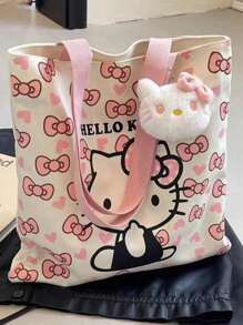 Sanrio Sac en canevas chat dessin animé Sanrio, sac à main décontracté à porter à l'épaule pour les étudiants, sac fourre-tout de grande capacité pour l'école et les déplacements, sac à bandoulière, sac fourre-tout, plage, voyage, camping, extérieur, maquillage, remise des diplômes, mariage, anniversaire, cadeau, campus, Hello Kitty