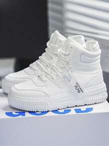 Casual Sports Shoes, Soft Sole & Soft Fabric, Comfortable Couple Shoes, Solid Color High-Top Round Toe Lace-Up Everyday Casual Fashionable Daily Wear Boots, PU Leather Waterproof Anti-Oil Men's Dress Shoes For Everyday Commute And Outdoor, Young Men's Canvas Sneakers With Double Laces, Thick Sole, Anti-Slip, Wear-Resistant, Casual Comfortable Men's Shoes To Increase Height, Men's Fashion Leather Boots