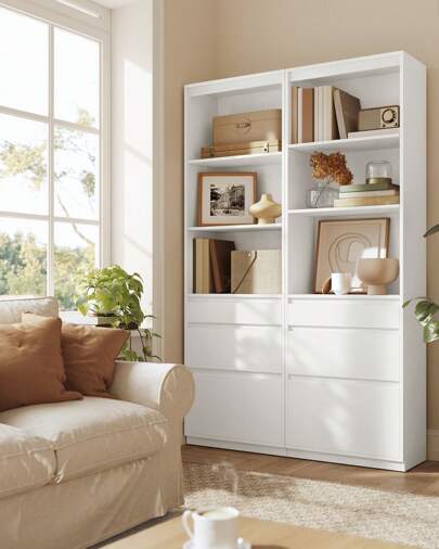 VASAGLE Bibliothèque, Armoire Haute, Buffet, 3 Tiroirs de Tailles Différentes, Étagères Réglables, Hauteur 180 cm, pour Salon, Chambre, Bureau, Moderne, Gain de Place, Blanc Neige