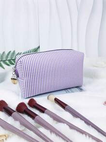 1pc Personalized Embroidered Tulle Striped Makeup Bag With Name/Initial, Waterproof Travel Cosmetic Pouch, Cute Zipper Storage Bag, Gifts For Couples, Daughter, Mom, Best Friend, Couple - Multicolor - View 3