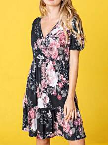 Boho Retro Sage Navy Pink Black Ditsy Floral Surplice Deep V Neck Band Waist Shirring Soft Swing Dress Small To 3 XL Plus - Đen B - Xem 2