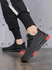 Primavera y verano de los hombres de malla transpirable transpirable de fondo grueso Casual Zapatillas de deporte,Moda antideslizante ligero resistente al desgaste cómodo zapatos de los hombres de tenis,al aire libre con cordones de punta redonda zapatillas de deporte para correr,Adecuado para el uso diario,Oficina,Fitness,Perro Caminar,Senderismo,Viajar - Rojo - Ver 1