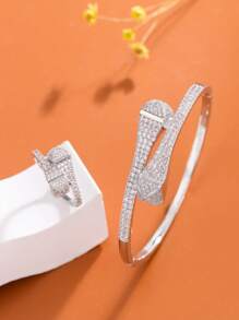 时尚方晶锆石镶嵌铜开口手镯套装，创意几何设计，女士时尚配饰，适合聚会/送礼