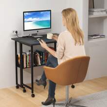 Ergonomic Foldable Mobile Desk With Adjustable Stand, Storage Shelves And Wheels-Portable Space Saving Design For Office, Home Or Study-White, Black, Natural Wood Options, Office Desk Accessories