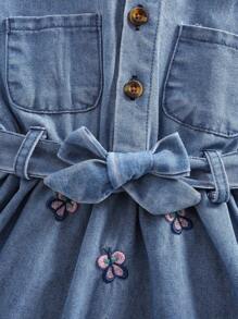 2 件套新生女童长袖刺绣牛仔连衣裙（配腰带） - 藍色 - 查看 7