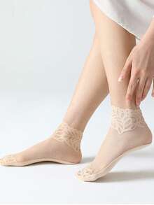 جوارب للنساء، خفيفة للربيع والخريف من الحرير الرقيق، شبكية وسطية قصيرة قابلة للتنفس للصيف، جوارب مزينة بالدانتيل - متعدد الألوان - مشاهدة 5