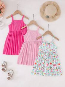 3pcs/Set Young Girl Casual Off Shoulder Floral Print Dress Set, Pink, Rose Red, Suitable For Party, Leisure, Vacation, Outdoor And Home Wear, Summer - Multicolor - View 2
