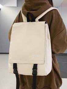 大学生防水翻盖货运风格背包，纯色休闲背包，旅行包， - 米色 - 查看 8