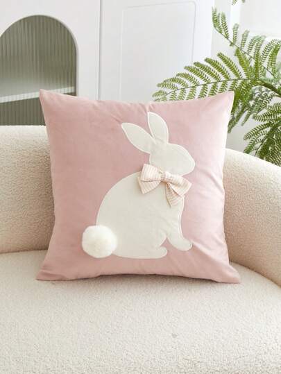 1 pieza Funda de cojín bordada con conejo rosa de Pascua, para decoración interior, funda de cojín decorativo esponjoso de Pascua con lazo, sin relleno