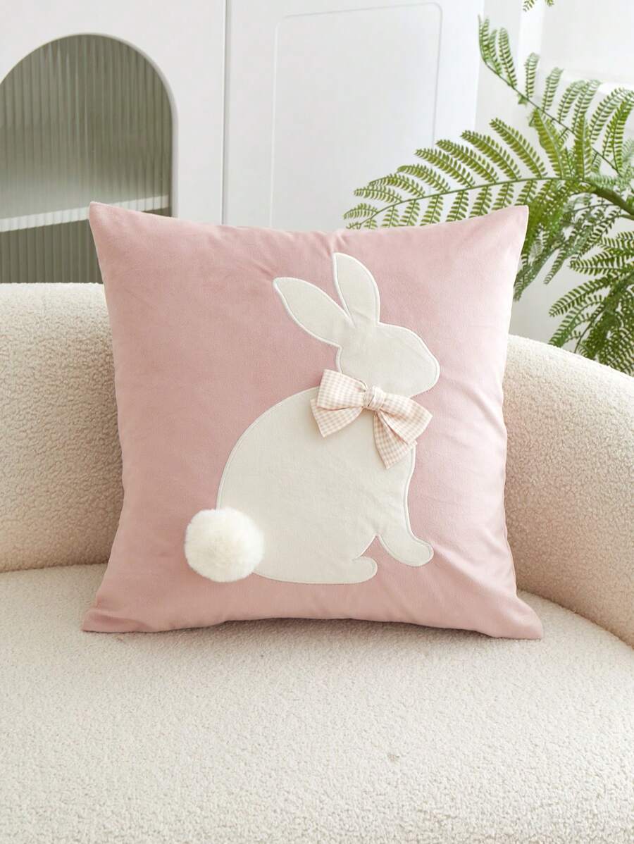 1pc Easter Pink Rabbit Embroidered Cushion Cover, For Indoor Decoration, Easter Fluffy Bow Decorative Pillow Cover, Without Filling