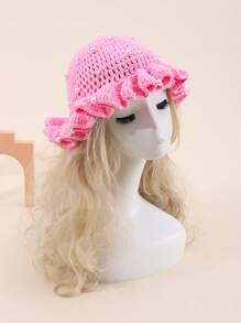 1pc Women's Cute & Casual Y2K Style Fashion Handmade Crochet Solid Color Pleated Rim With Lots Of Pearl Decor 3D Textured Bucket Hat, Recommended For Outings, Travel, Daily Wear - Pearl - View 2