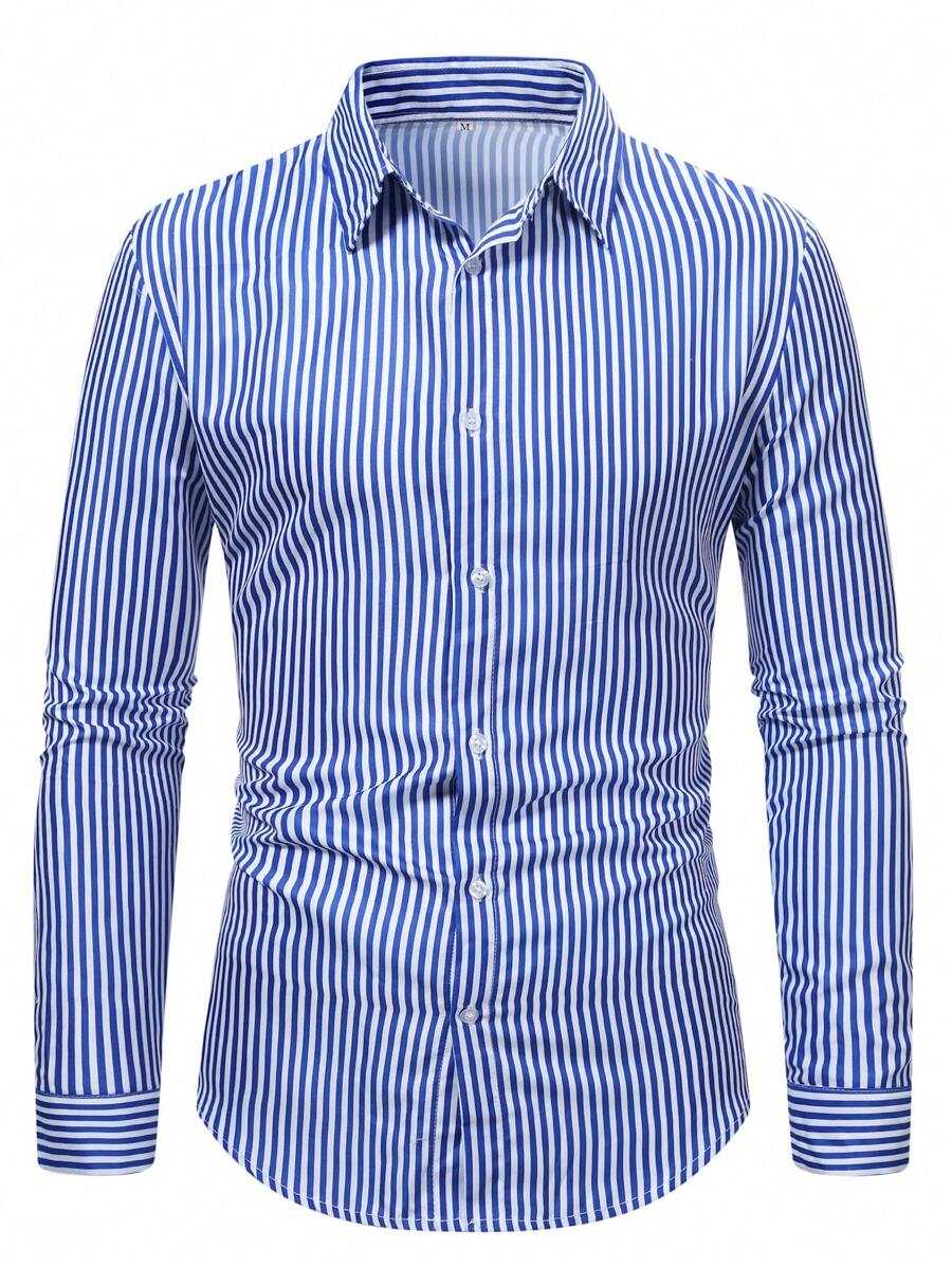Men's Long Sleeve Striped Button-Up Shirt, Fall - Blue - View 1