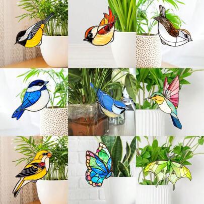 1pc Colorful Double-Sided Flowerpot Bird Hanging Stained Glass Decor, Home Potted Plant Decoration, Garden Pathway Stake