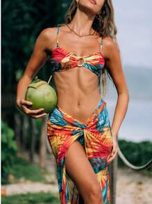 3pcs Set Tropical Print Bandeau Top With Metal Ring, Tie Side Triangle Bottom Bikini & Allover Print Coverup Skirt, Summer Beach Vacation - Multicolor - View 2
