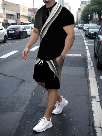 男士 3D 数码印花短袖 T 恤和短裤休闲运动套装