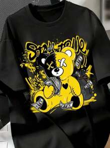 Money Bear Printed Shirt Launch Men's Summer Fashion 100% Cotton - Black - View 2
