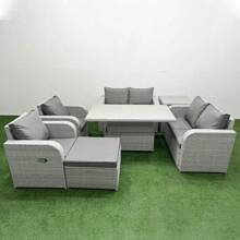 Fimous 7 Seater Outdoor Reclining Chair Love Sofa Set Rattan Garden Furniture Set With Adjustable Lifting Dining Or Coffee Table Footstool Side Table Light Grey - Light Grey - View 1