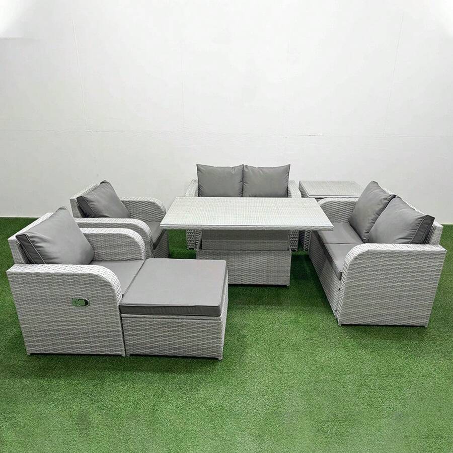 Fimous 7 Seater Outdoor Reclining Chair Love Sofa Set Rattan Garden Furniture Set With Adjustable Lifting Dining Or Coffee Table Footstool Side Table Light Grey - Light Grey - View 1
