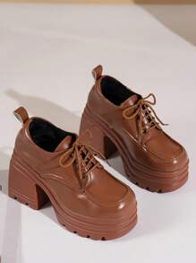10厘米超高跟厚底英伦风小皮鞋，粗跟玛丽珍乐福鞋，通勤百搭系带鞋 - 棕色 - 查看 3