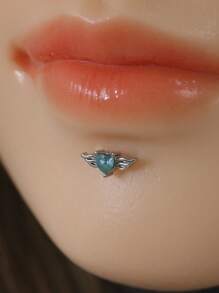 1 Stainless Steel Heart-Shaped Cubic Zirconia And Wing Combination Lip Stud, Lip Ring, Cartilage Earrings, Women's Party, Daily Wear Body Piercing Jewelry, Suitable For Valentine's Day, Women's Day, Mother's Day Gift