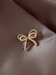 1pc Fashion Elegant Sparkling Double Bow Brooch, Pearl & Rhinestone Geometric Clothing Accessory