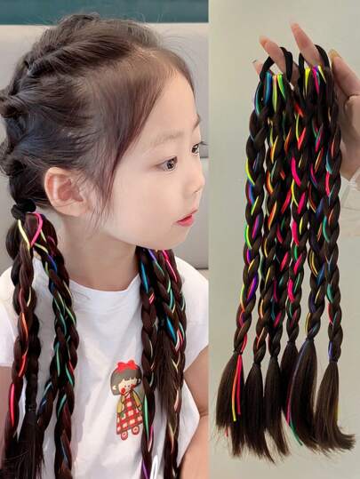 2 件装 18 英寸合成马尾辫接发 编织带弹性头带 盒状马尾辫 适合儿童
