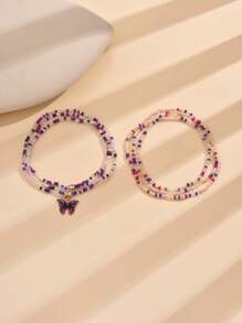 2pcs Bohemian Metal Butterfly Pendant Beaded Anklets, Layered Wrap Elastic Anklet Suitable For Women Beach Vacation (Bead Color And Quantity Random) - Multicolor - View 4