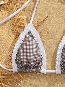 Soft Ruffle Halter Neck Tie Strap Printed Party Spaghetti Strap Bikini Top, Sexy Women Summer Beach Swimwear