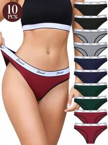 10 Packs Cotton Jacquard Letter Woven Low Waisted Bikini Underwear, Suitable For Daily Wear - 彩色 - 查看 1