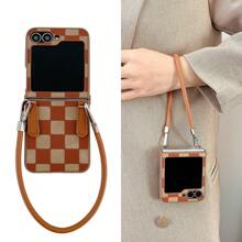 Check Pattern1pc Foldable Plaid Lanyard Phone Case, Compatible With Samsung Z Flip6/Z Flip5/Z Flip4
