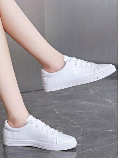 Lace-Up White Student Sneakers For Girl, Casual Breathable Sport Running Shoes For Teens