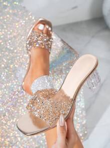 Women's Fashion Square Toe Crystal Wedge Rhinestone High Heel Sandals, Suitable For Outing, Banquet, Party And Other Events
