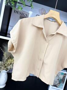 ELLIE Casual Striped Print Loose Cropped Shirt - 單色杏色 - 查看 2