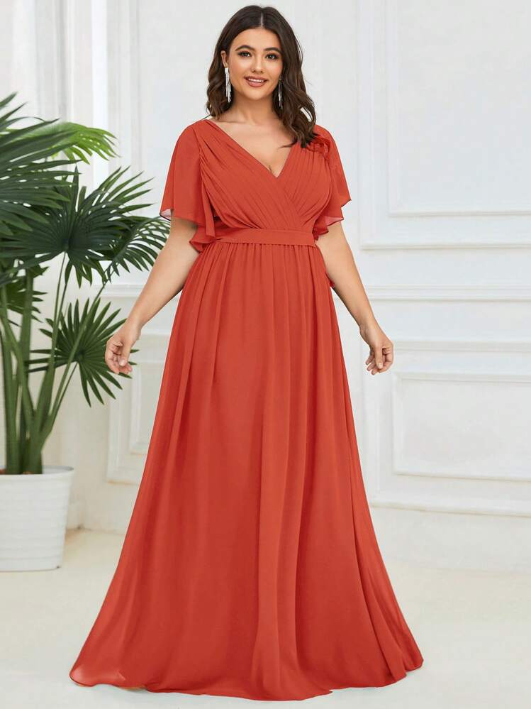 EVERPRETTY Vestido de dama de honor de longitud hasta el suelo con cuello en V, mangas acampanadas con volantes y color naranja quemado, vestido de invitada de boda de primavera/verano - Naranja Quemada - Añade 4