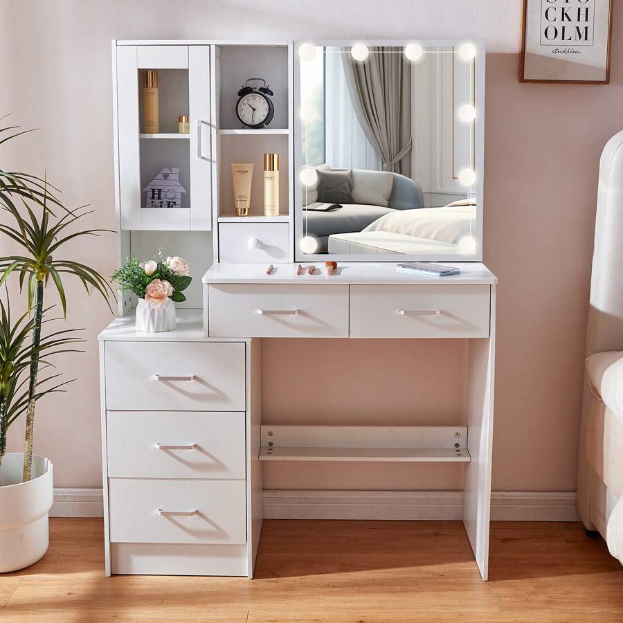 US Vanity Set With Lighted Mirror 10LED Bulbs Makeup Dressing Table Dresser Desk