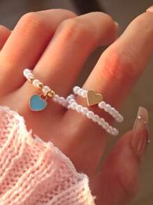 1 套优雅人造珍珠心形戒指，适合女性日常和节日佩戴 - 愛心 - 查看 1