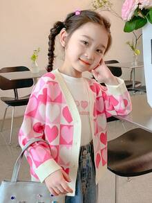 enmi bear Girls' Casual Heart And Plaid Print Cozy Knitted Cardigan, With Thermal Lined For Autumn/Winter, Toddler And Little Young Girl - Pink - View 2