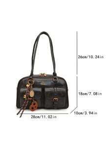 Tas Selempang Klasik Motif Badut Warna Polos, Terbuat dari Kain PU Tahan Air, Desain Dekorasi Grafis Huruf, Tas Serbaguna dengan Banyak Kantong, Tas Bahu, Tas Saku, Desain Dekorasi Liontin, Cocok untuk Perjalanan, Belanja, Berkomuter, Pesta, Kencan, dan Pakaian Tahun Baru - Hitam - View 8