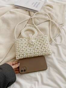 1 Pc Fashionable And Versatile Faux Pearl Material Diamond Grid Hollow Bead Mini Small Square Bag For Women's Summer Casual Mobile MINI Diamond Shaped Bag Handbag Suitable For Vacation Travel&Outdoor Leisure Shopping&Fashion Clothing Matching There Are Two Sizes To Choose From