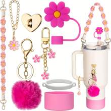 8 pièces Set d'accessoires de tasse pour Tumbler 40oz & 30oz, Tumbler avec sangle de poignée - Comprenant couvercle de paille, sangle de bouteille d'eau, crochet en forme de cœur, manchon en silicone, porte-clés, cadeau idéal pour la Saint-Valentin, pour les activités en plein air, le camping, fournitures pour la rentrée scolaire